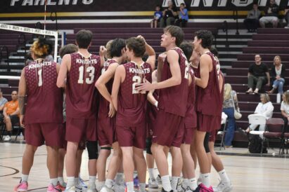 The Lone Peak boys volleyball team forms a huddle before during a Region 3 match against Skyridge on Tuesday, March 24, 2026.